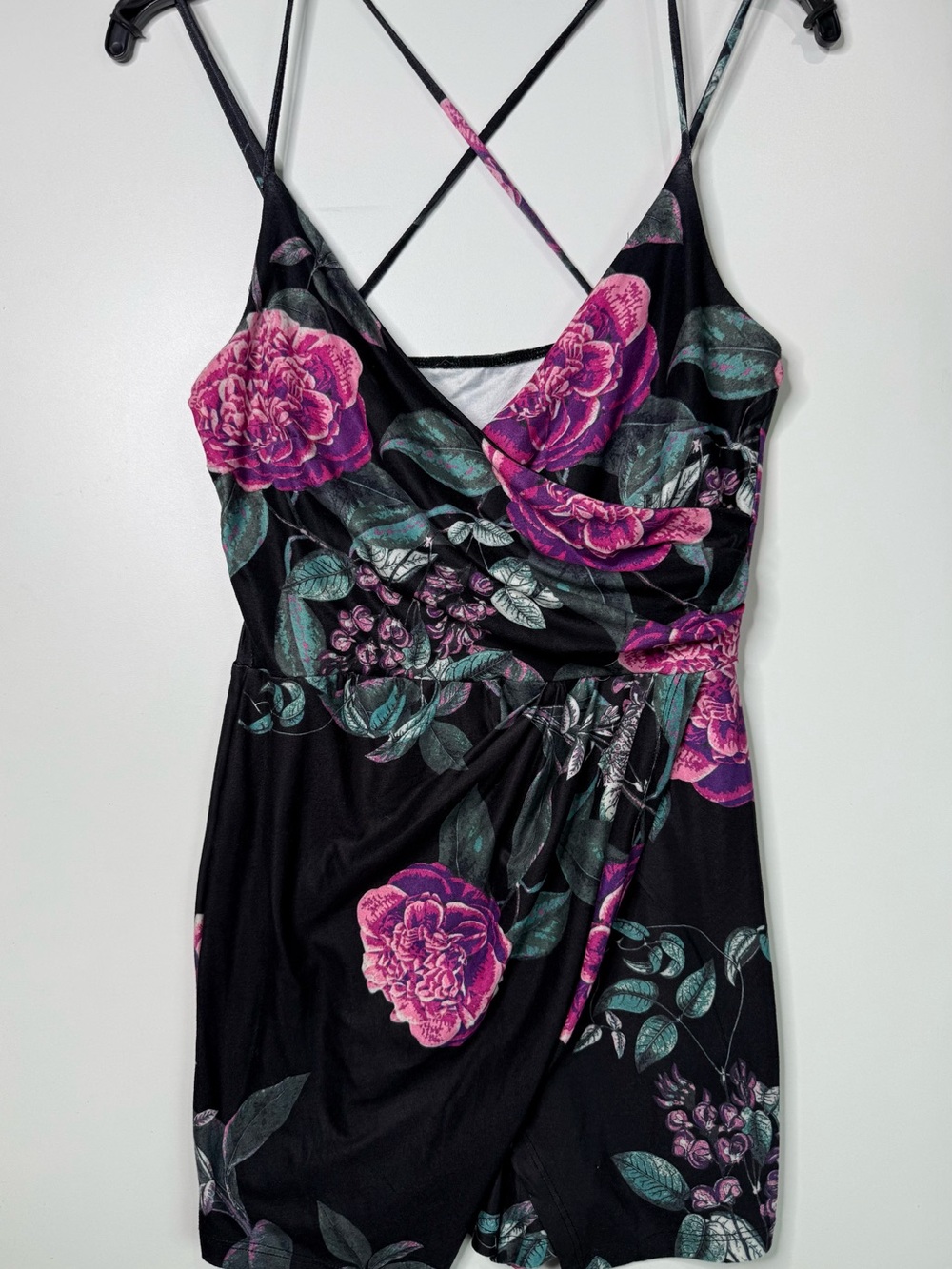 Black Floral Wrap Romper with Pink Roses